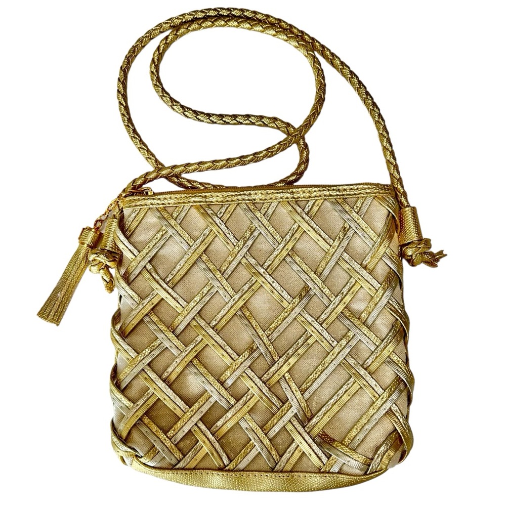 Tianni Vintage Shiny Gold Crossbody with Woven Front and Zipper Closure